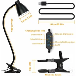LED Desk Lamp with Adjustable Brightness and Color Modes, Flexible Gooseneck, Clip - On Design, and Auto - Off Timer (Black)