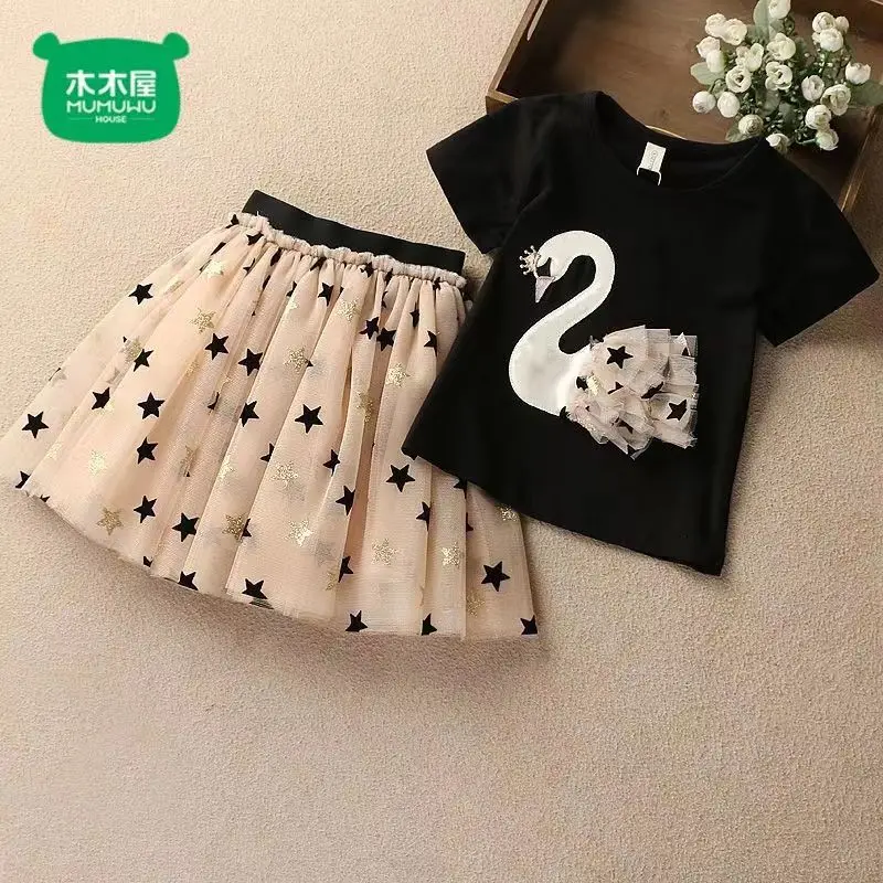 

2-piece baby girl beach skirt spring and summer clothes casual fashion comfortable printed cute swan princess skirt girl suit