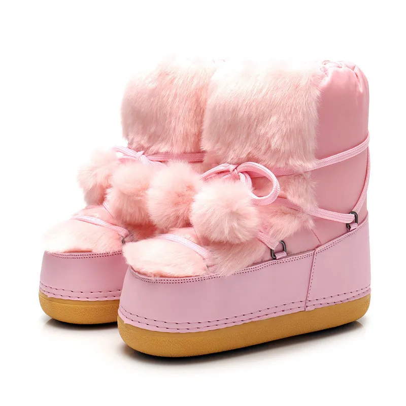 

2022 Winter Snow Boots Women Ski Boots Fluffy Hairy Lace Up Middle Calf Platform Flat With White Ski Boots