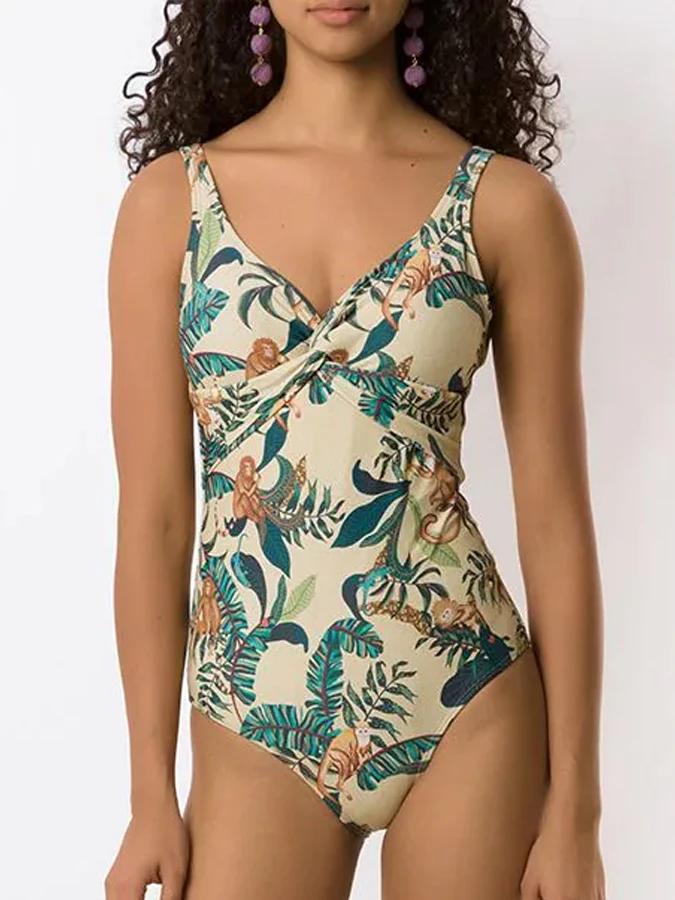 Plant Monkey King Print 2023 Fashion Women Swimwear Summer V Neck Swimsuit Bathing Suits Vacation Sexy / New
