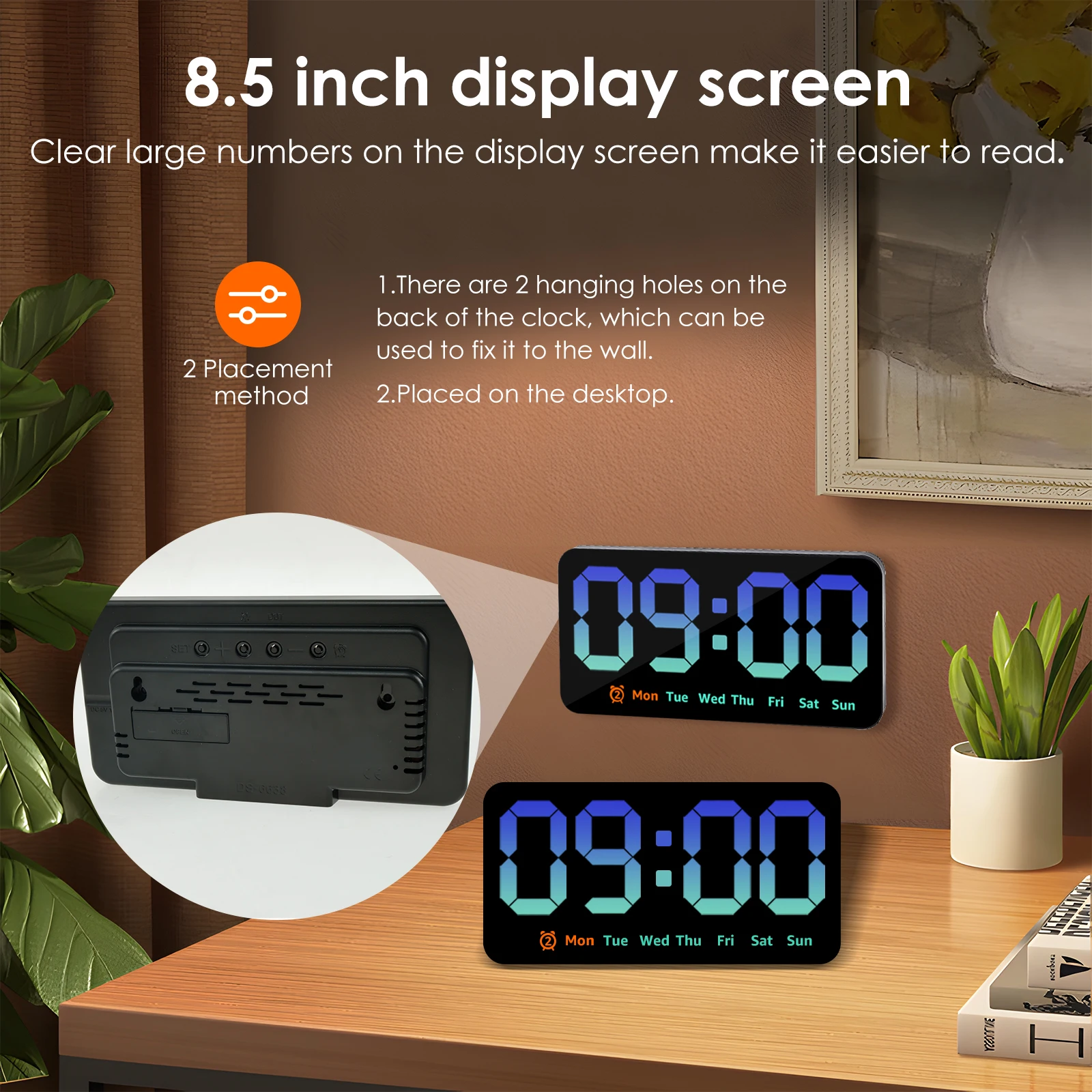 Large Display LED Digital Wall Clock with Date, Temperature, and Dual Alarm