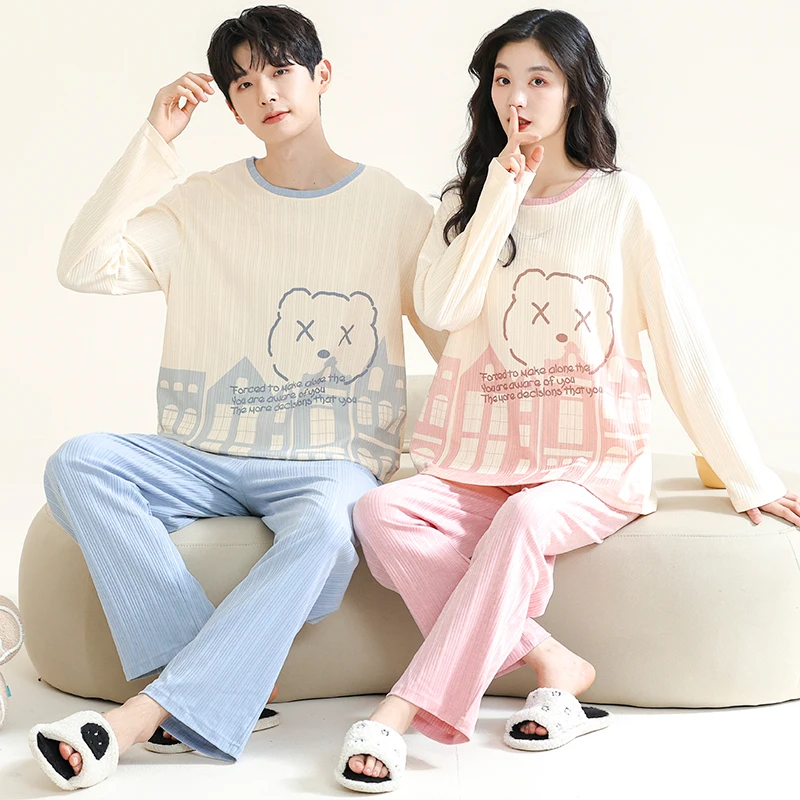 Bear Cute Cartoon Printed Pajamas Set for Men and Women Spring Long Homewear Youth Girl Boy Nightwear Cotton Pijamas for Couples
