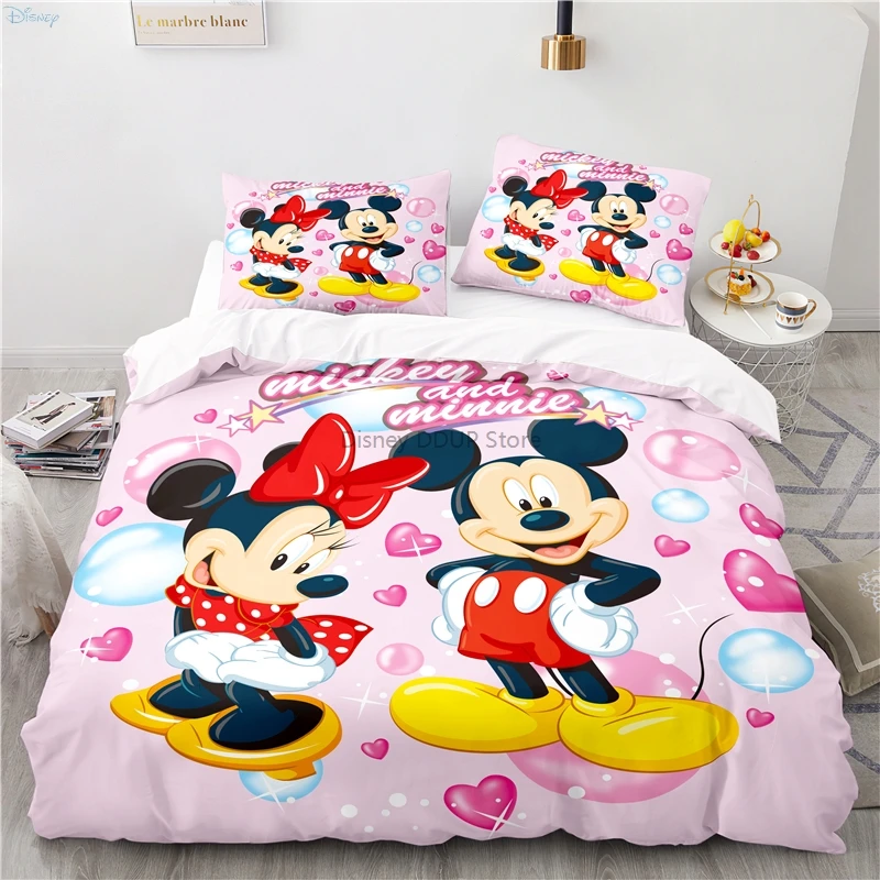 Cute Mickey Mouse Bedding Set Disney Minnie Mouse Duvet Cover Pillowcases Double Twin Full Queen King Child Kids Bedclothes Home 