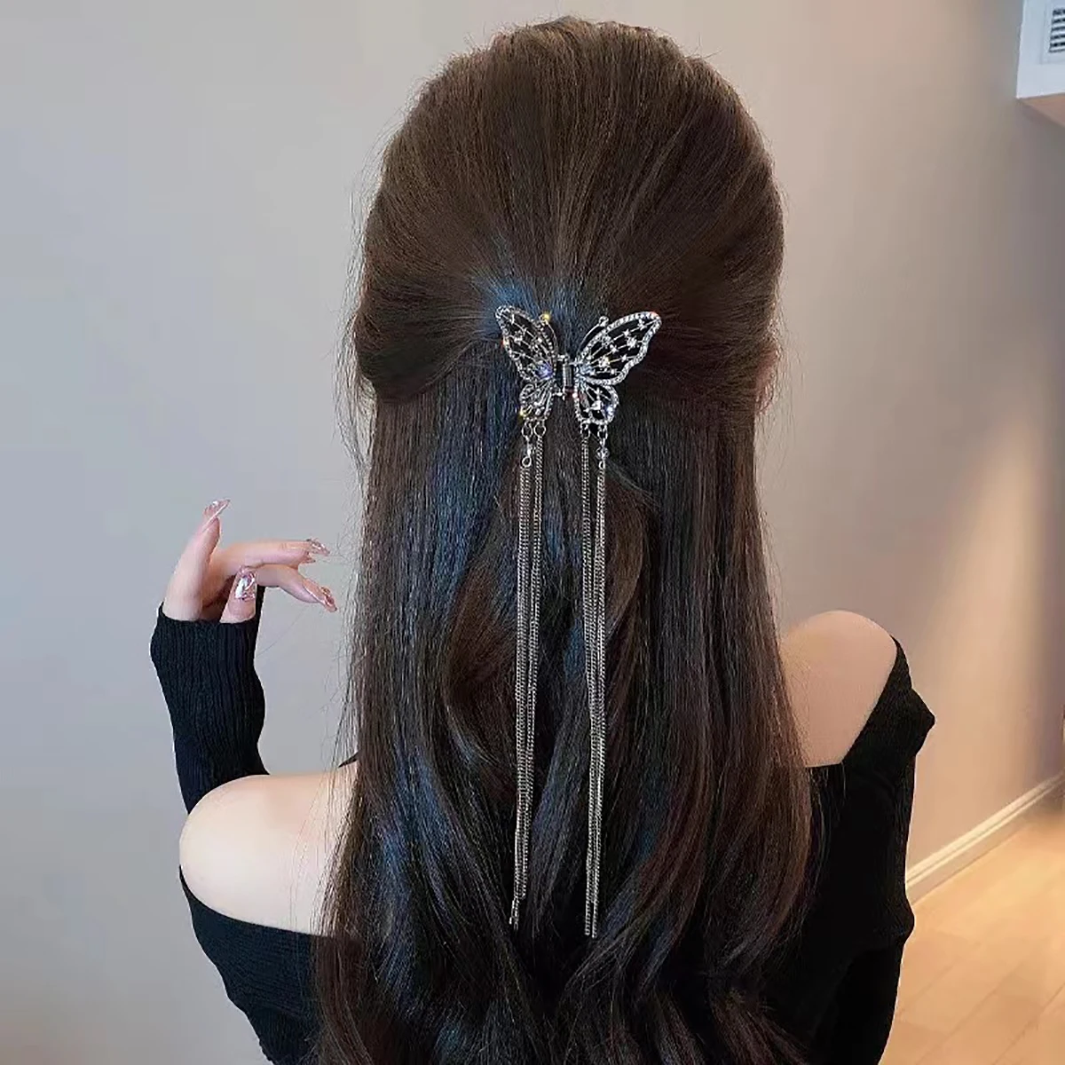 Hair Clip Super Fairy Butterfly Tassel Hollow Pearl Rhinestone Back Of The Head Shark Clip Temperament Headgear Gifts