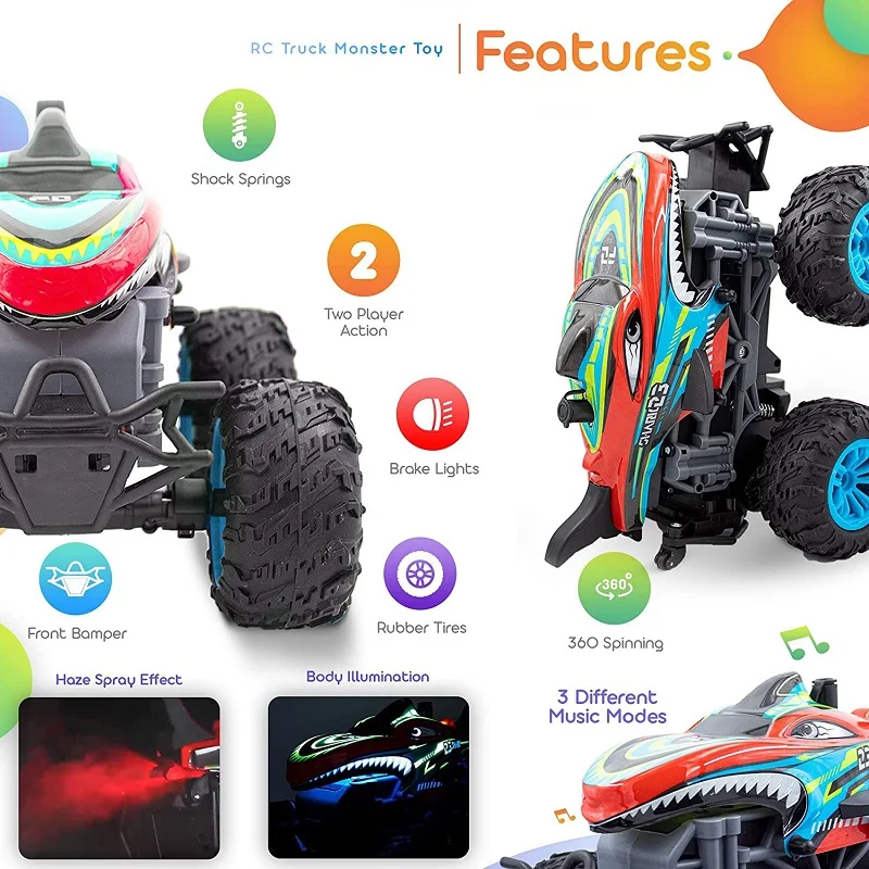 Spray RC CAR 1:18 2.4g Remote Control Shark Head Monster-Car 360 Degree Rotating Dance Stunt Spray Car with Lights Kids Toy 6