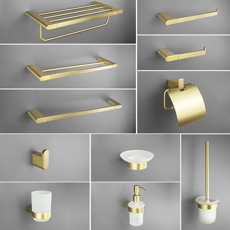 Brushed Gold Bathroom Accessories Towel Rack Paper Holder Toilet Brush Towel Bar Shelf Soap Dish Cup Stainless Steel Hardware