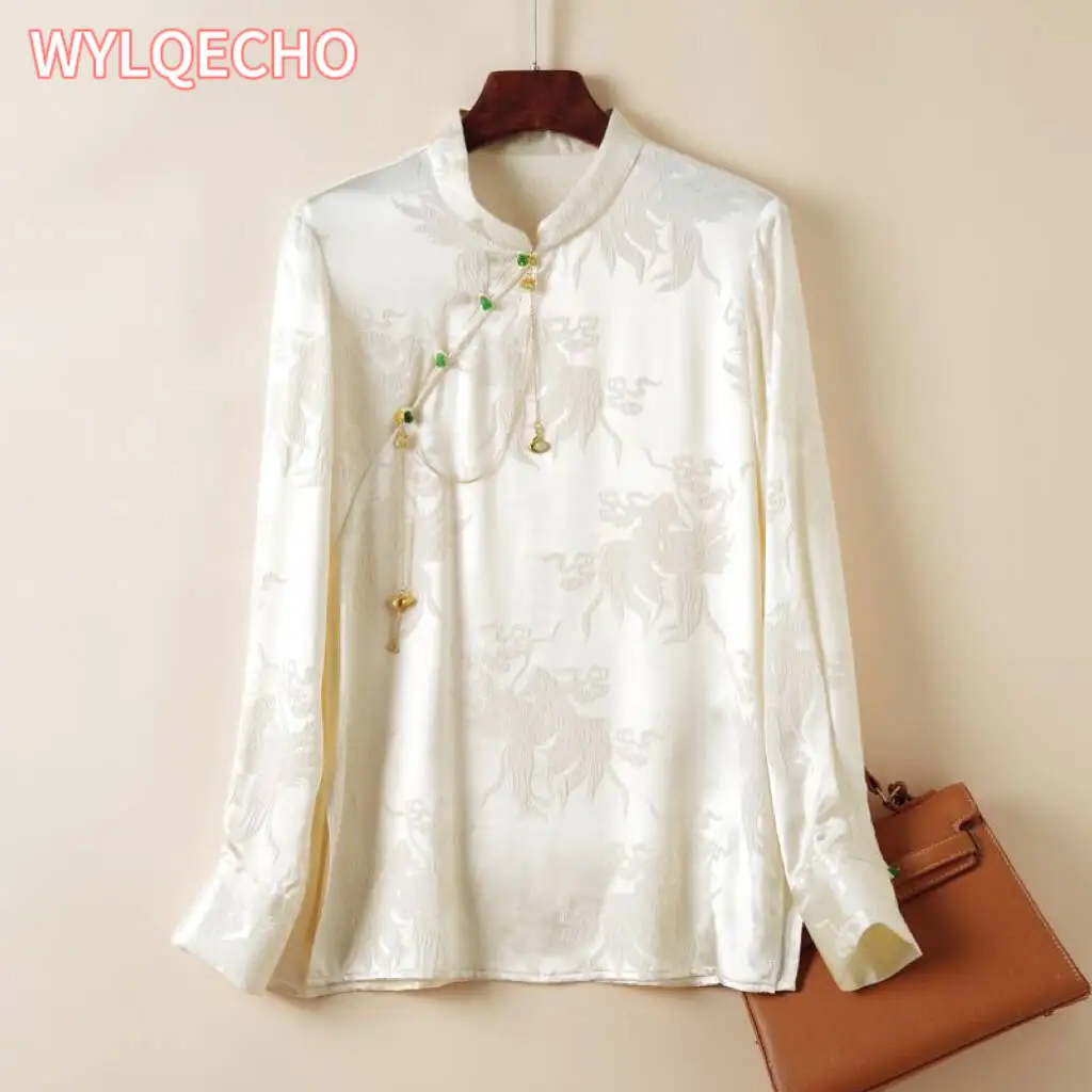 

Женская шифоновая блузка в китайском стиле, элегантная жаккардовая рубашка с воротником-стойкой и длинным рукавом, весна 2024