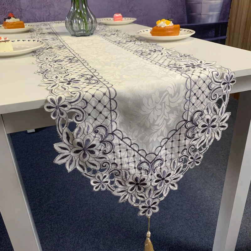 

Lace Table Runner Home Embroidered TV Cabinet Tablecloth Lace Pendant Tassel Dresser Table Flag Dust Cover Rectangle Table Cloth