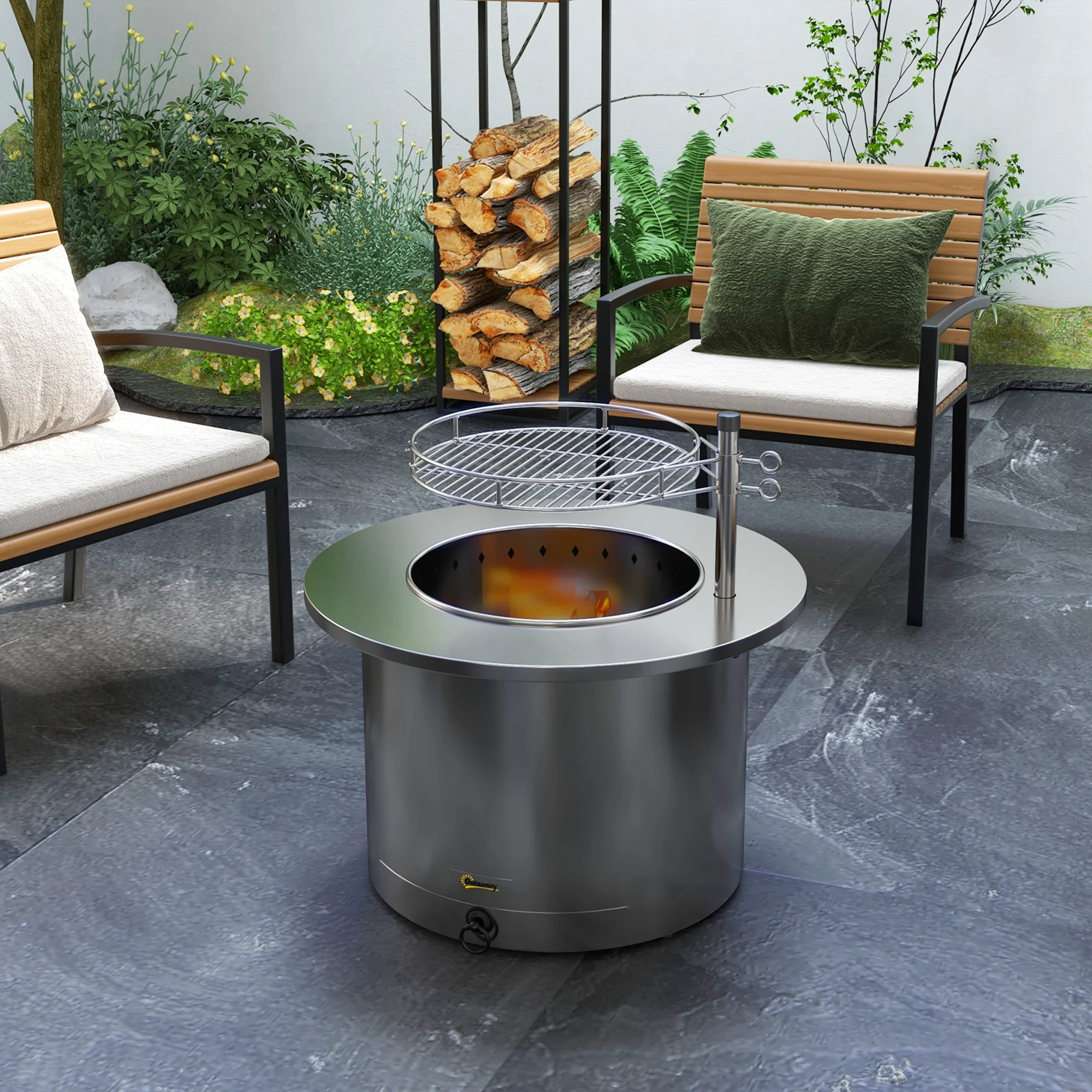 Outsunny 25" Stainless Steel Smokeless Fire Pit with Grill, Poker, Silver