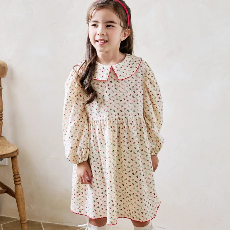 BEBEZOO Girls Autumn Dress Long Sleeve Lotus Leaf Collar Floral Full Print Cotton Loose Dresses For 3-8 Years Kids Girl Clothes