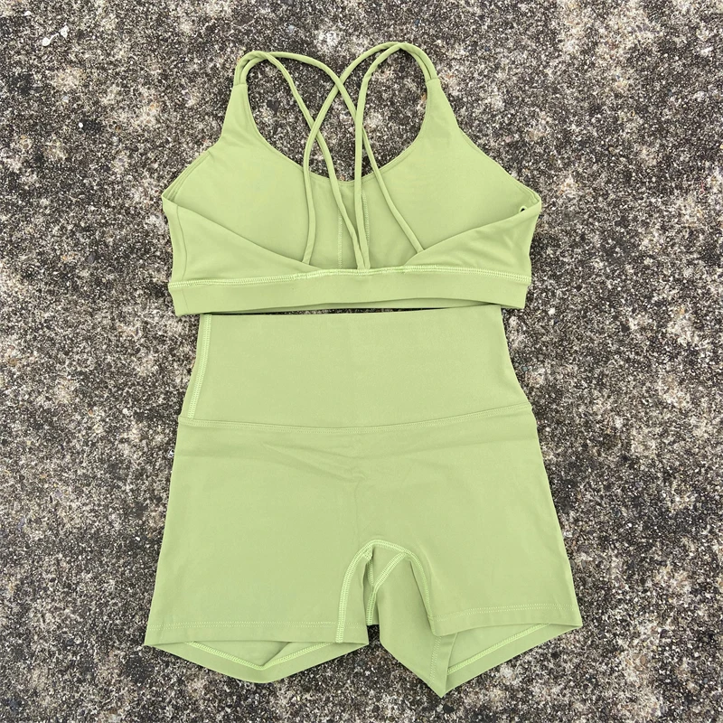 Yoga Shorts Set Gym Sports Set 2 Piece Women Workout Outfit Fitness Suit Cross Straps Bra High Waist Shorts Running Tracksuit 3