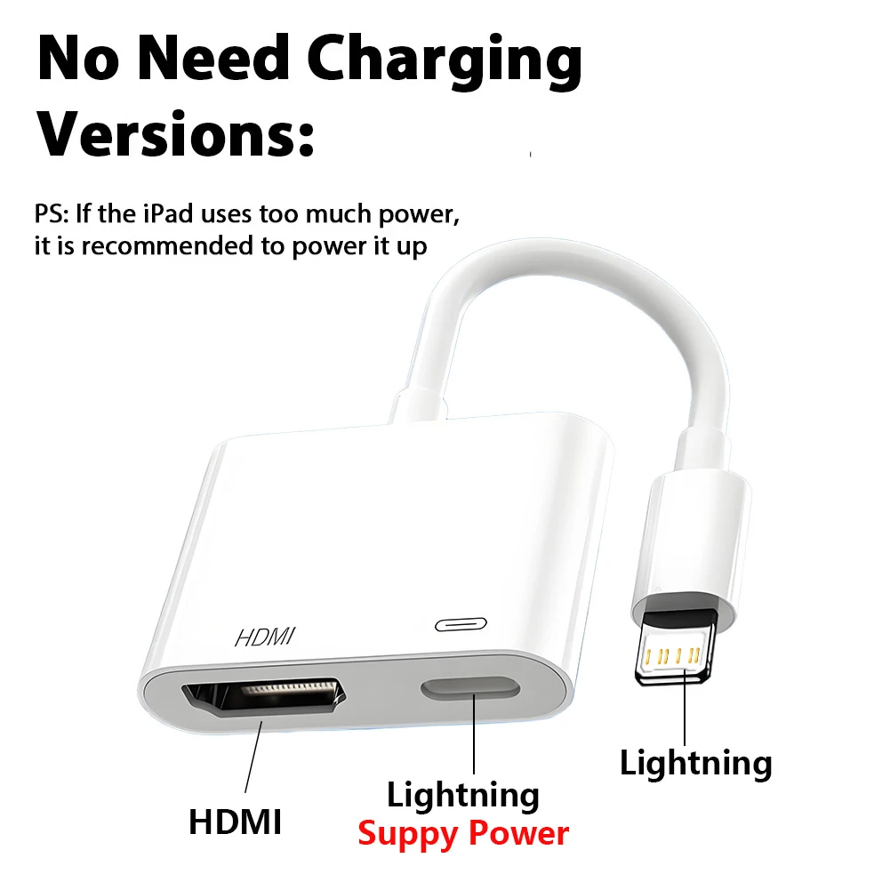 라이트닝-HDMI 어댑터, 전원 필요 없음, 1080P 비디오 동기화 스크린 컨버터, 아이폰 14 13 12 11용 라이트닝 충전 포트 포함