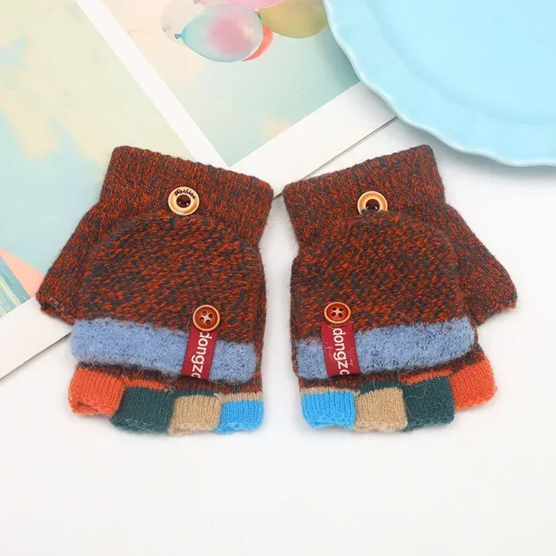 Half Finger Flip Kids Gloves Jacquard Color Matching Autumn Winter Warm Gloves for Children Student Writing Baby Gloves 6