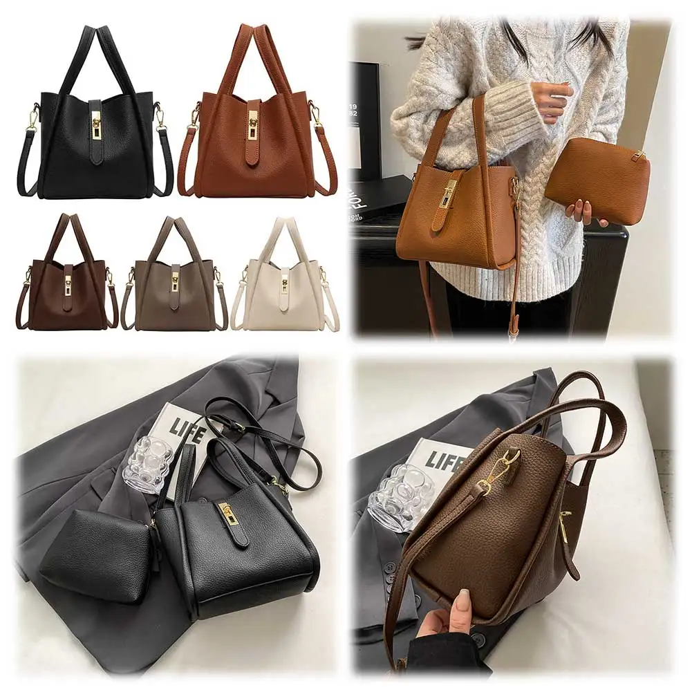 Bucket Bag for Women Magnetic Closure Shoulder Bag PU Leather with Inner Bag Satchel Bag Solid Handbag for Work Travel