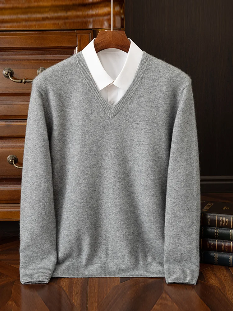 Moda uomo 100% maglione pullover in cashmere con scollo a V manica lunga pullover spesso autunno inverno abbigliamento casual in maglia di cashmere intelligente 3