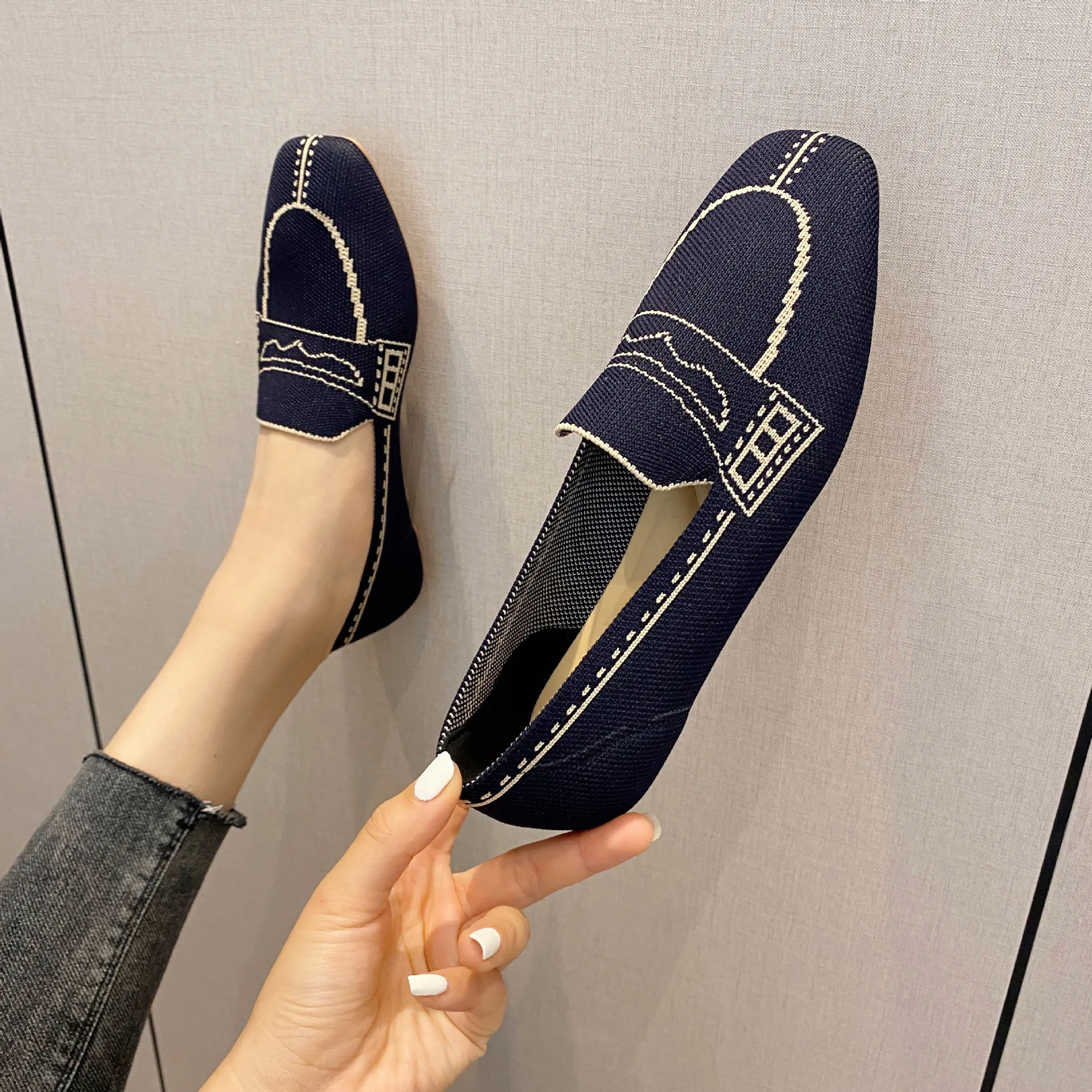 Loafers Office Flats Women Casual Shoes Mesh Breathable Square Toe Comfort Stretch Fabric Knit Ballet Slip Size 35-40 2