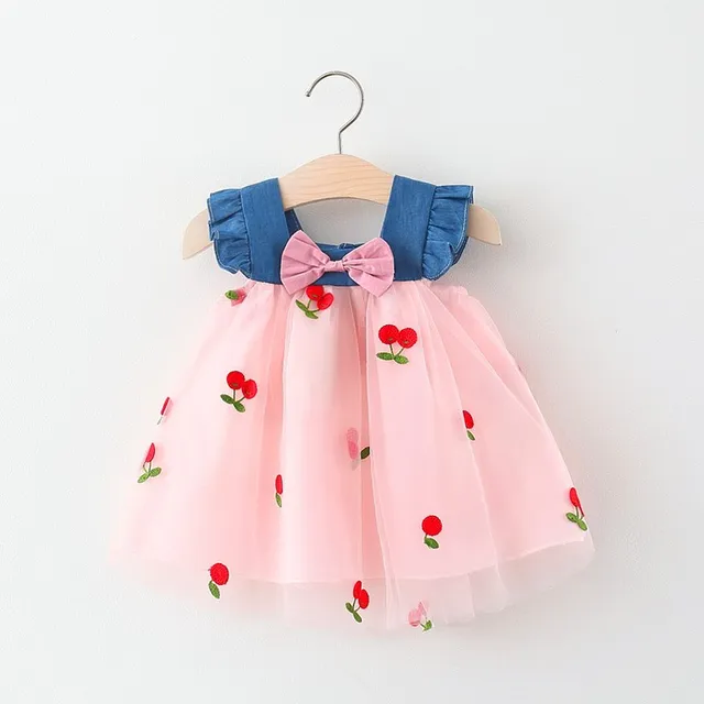 Summer Girl Dress Denim Fly Sleeved Bow Cute Cherry Colored Mesh Princess Dress Suitable for Babies Aged 0-3 1