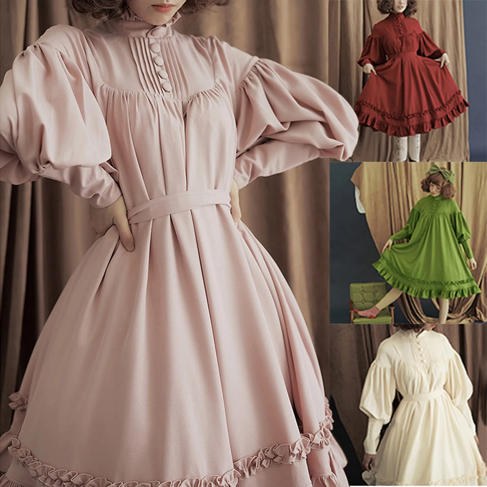 Gothic Lolita Dress Women Long Sleeve Loose Stand Collar Lace Lantern Sleeve Cute Small Party Dress Sweet Lolita Vestidos lolita dress