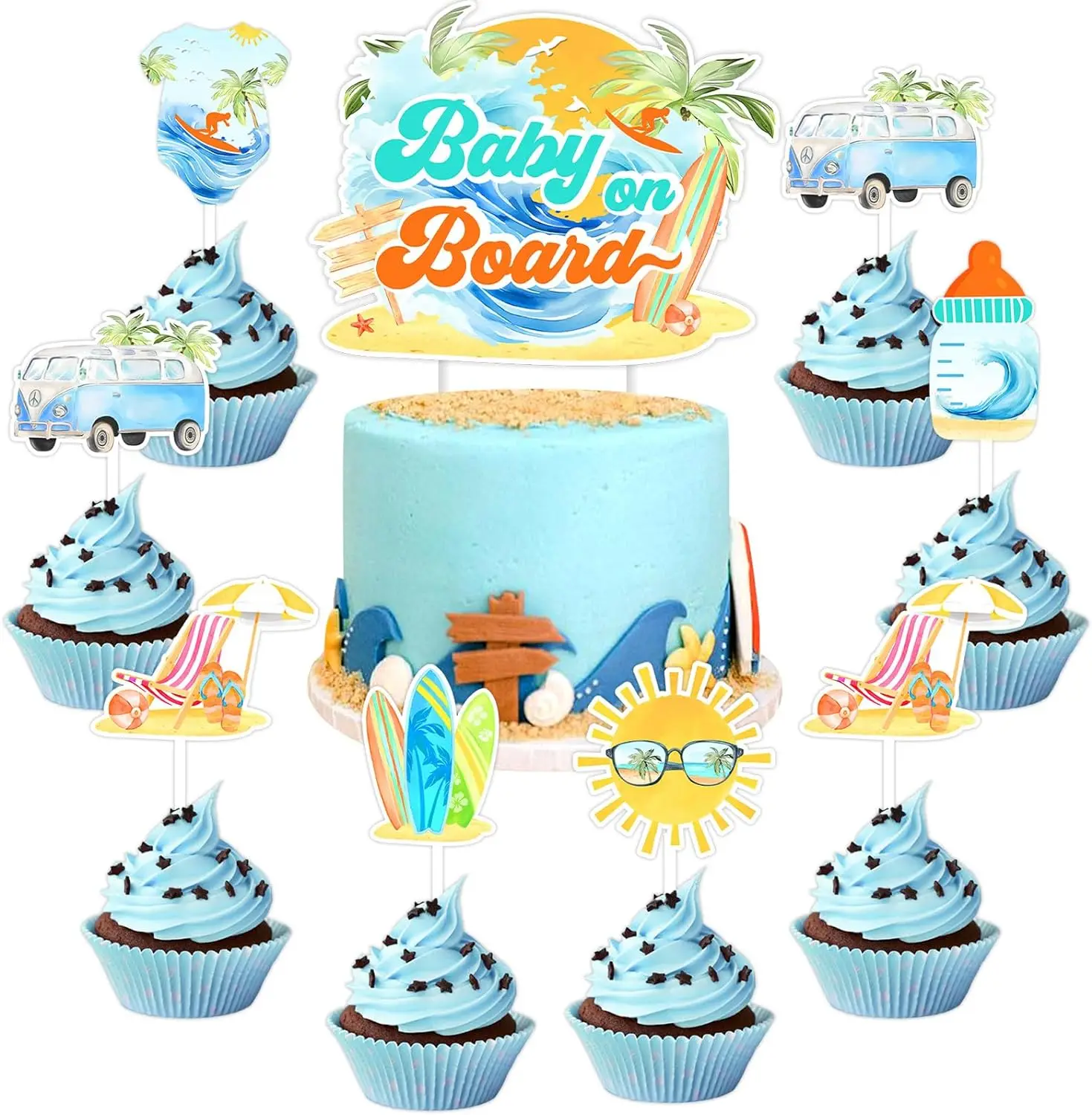 

Baby on Board Cake Topper Welcome Baby Summer Hawaii Tropical Beach Theme Party Wave Surf Sports Baby Shower Party Decor