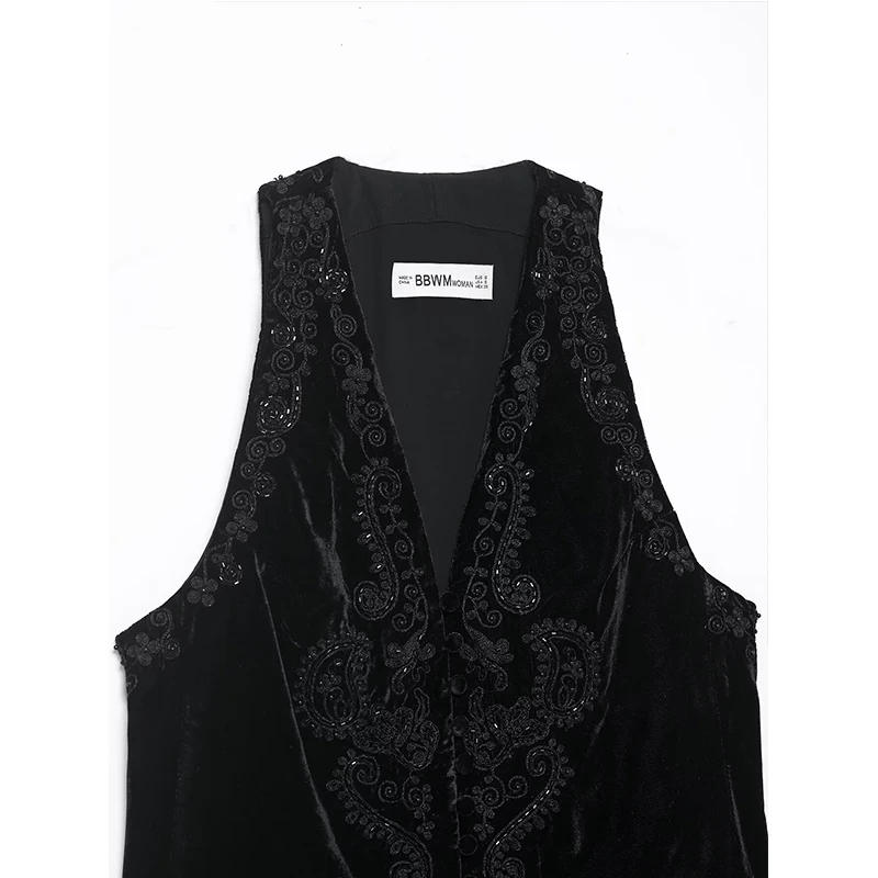 Chic Fashion Bead Embroidery Vest Woman Faux Suede Vests For Women V Neck Sleeveless Front Lace Up Waistcoat Vintage Crop Top