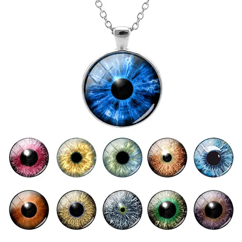 

NEW Eyes Pattern Glass Dome Chain Flat Bottom Pendant Link Long Necklace Cabochon Design Gift for Boys Men Jewelry FXQ382