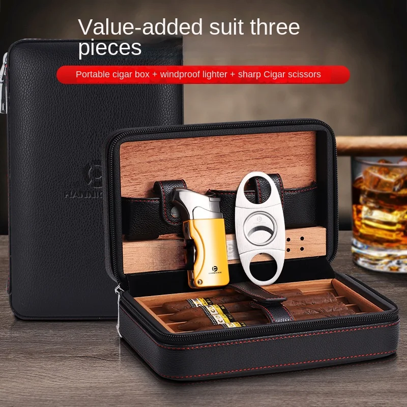 

Portable Humidor Cigar Box Travel Cigar Case Leather Cedar Wood Cigar Humidor Box Clipper Gas Lighter Puro Set Accessories