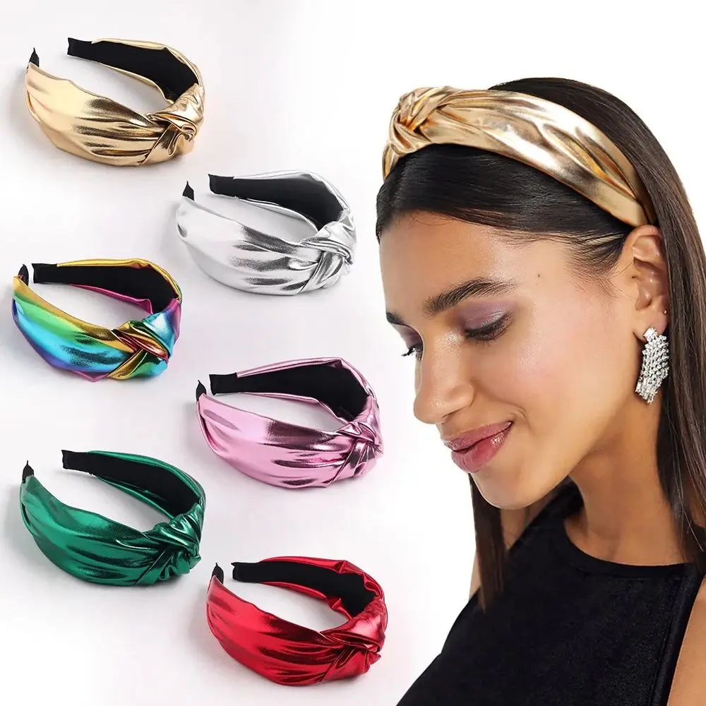 

2024 New Fashion Women Hair Accessories Shining Leather Headband Center Knot Classic Hairband Adult Soft Headwear Wholesale