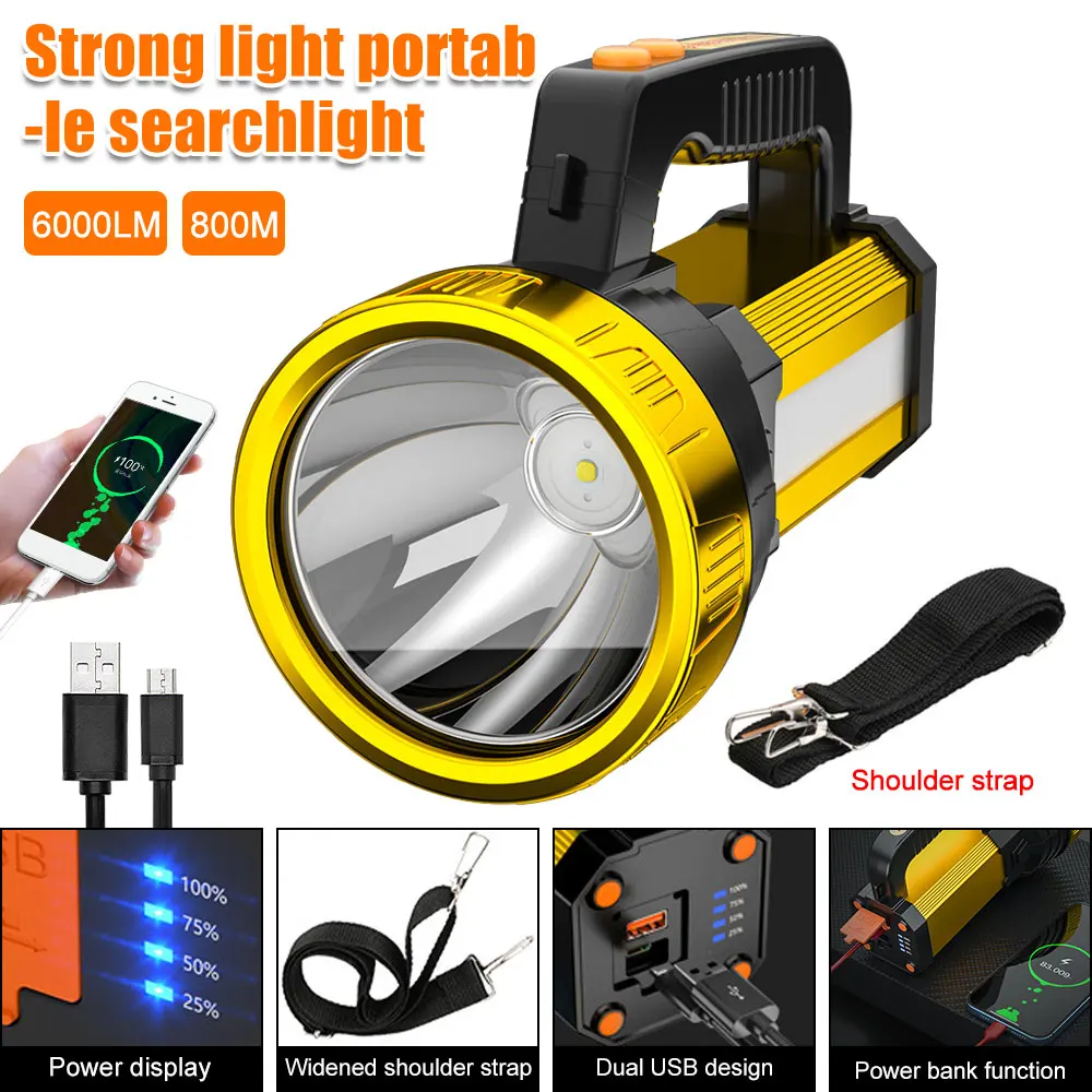 

Powerful LED Flashlight XHP70 Spotlights Portable USB Rechargeable Lantern Outdoor Long Range Waterproof Camping Searchlight