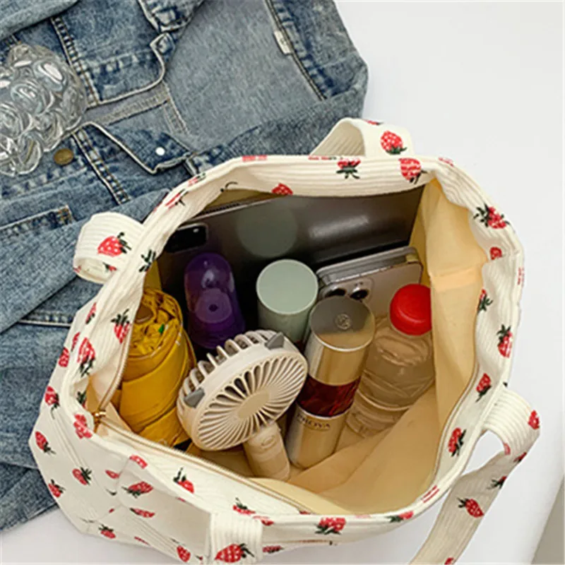 Corduroy Handbag Strawberries Beach Bag Fashionable Versatile Shoulder Bag LargeCapacity Simple Commuter Women's Tote Bag Bolsos