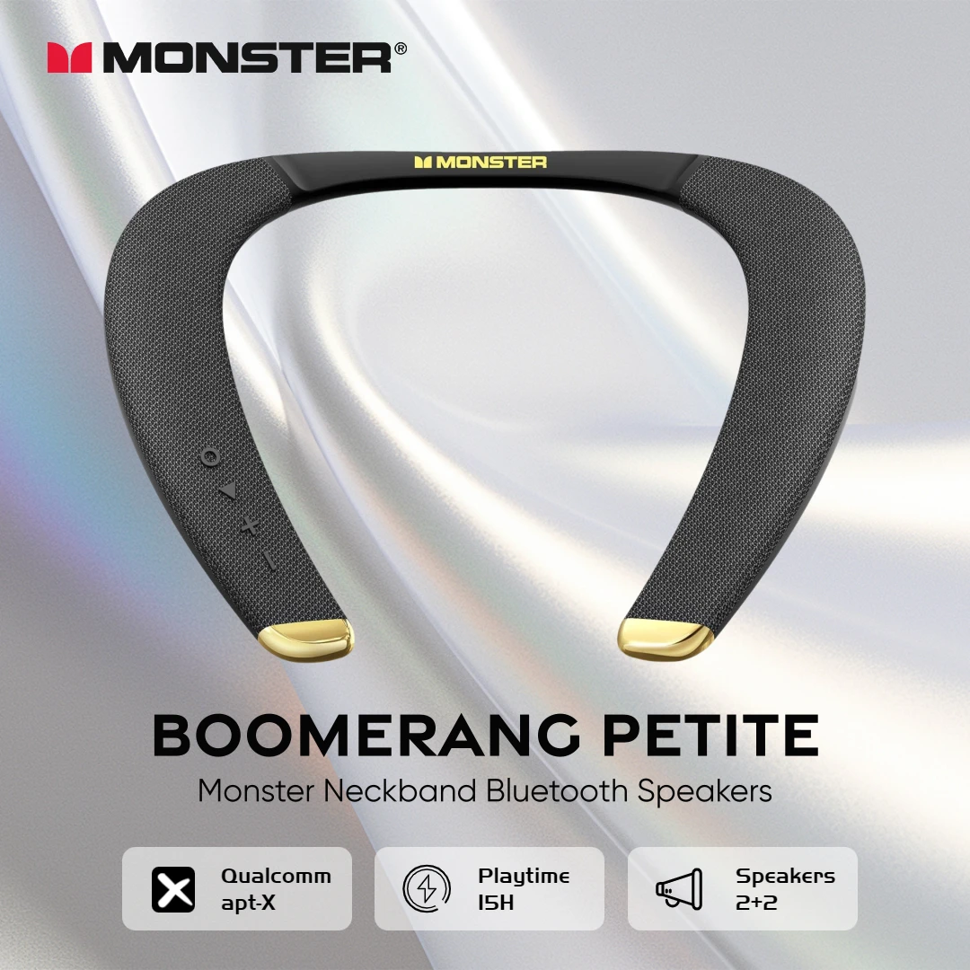 Monster Boomerang Petite głośnik z pałąkiem na kark Bluetooth Hi Res Qualcomm aptx głośniki na szyję IPX5 bezprzewodowe głośniki do noszenia z mikrofonem