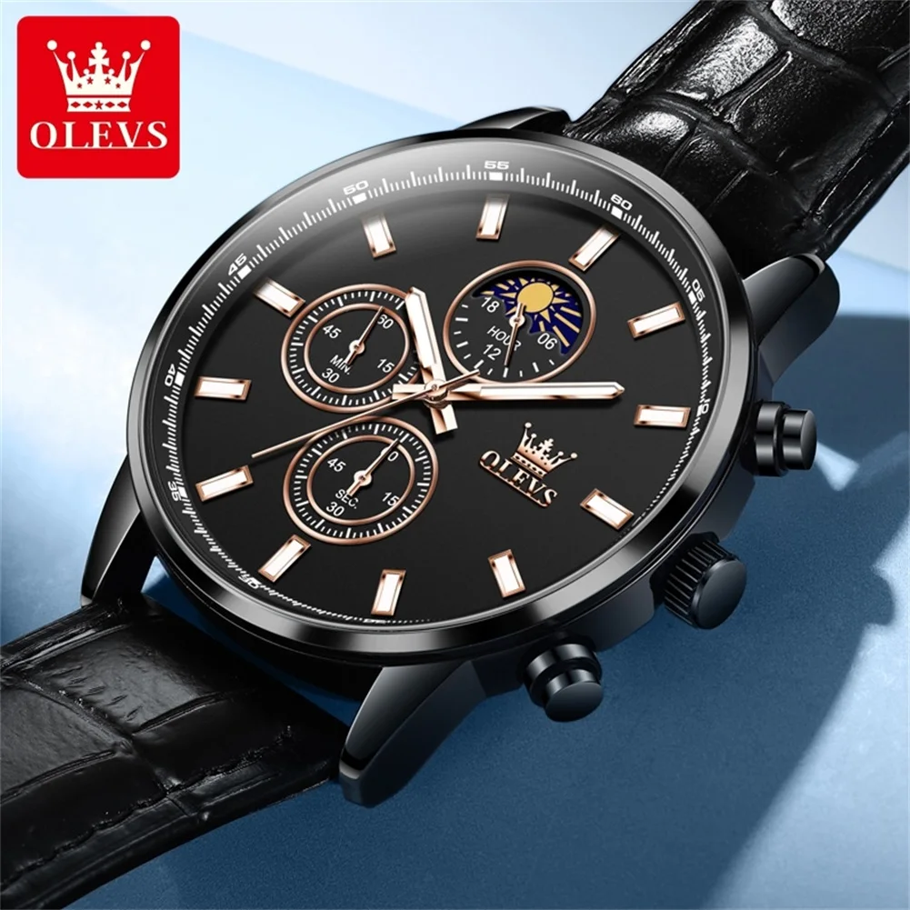 OLEVS Fashion Chronograph Quartz Watch for Men Leather Strap Waterproof Calendar Moon Phases Mens Watches Top Brand Luxury Clock