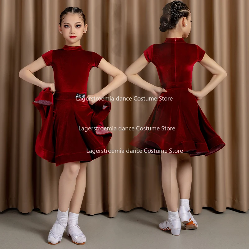 Child Ballroom Dance Competition Dresses Girls Velvet Salsa Tango Samba Rumba Dance Latin Dress Kids Clothes Performances