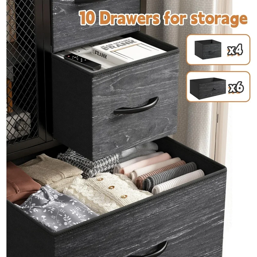 Dresser for Bedroom with Mesh Door Tall Dressers & Chests of Drawers with 10 Fabric Drawer Morden Dresser Organizer,Metal Frame 6