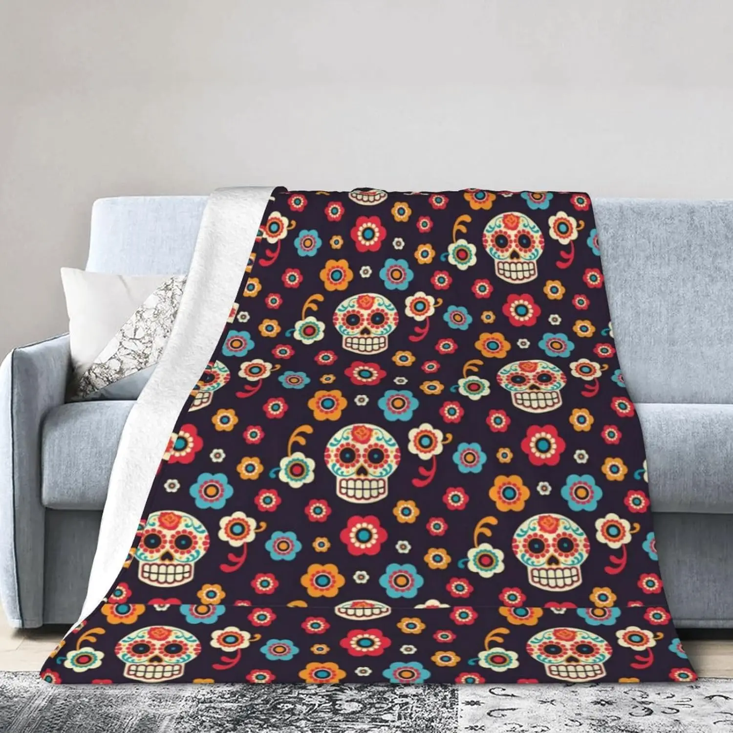 

Cozy Flannel Blanket Sugar Skulls Printed Soft Fleece Bed Blanket for Warmth and Comfort