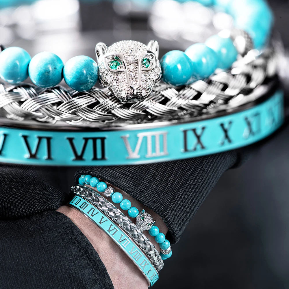 

3pcs/set Luxury Bracelets Men&Women CZ Leopard head Handmade Enamel Roman Numeral Bangles Turquoise Stone Beads Jewelry Pulseras