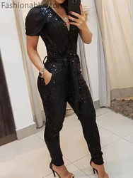 Sequins Plunge Sheer Mesh Sleeve Jumpsuit
