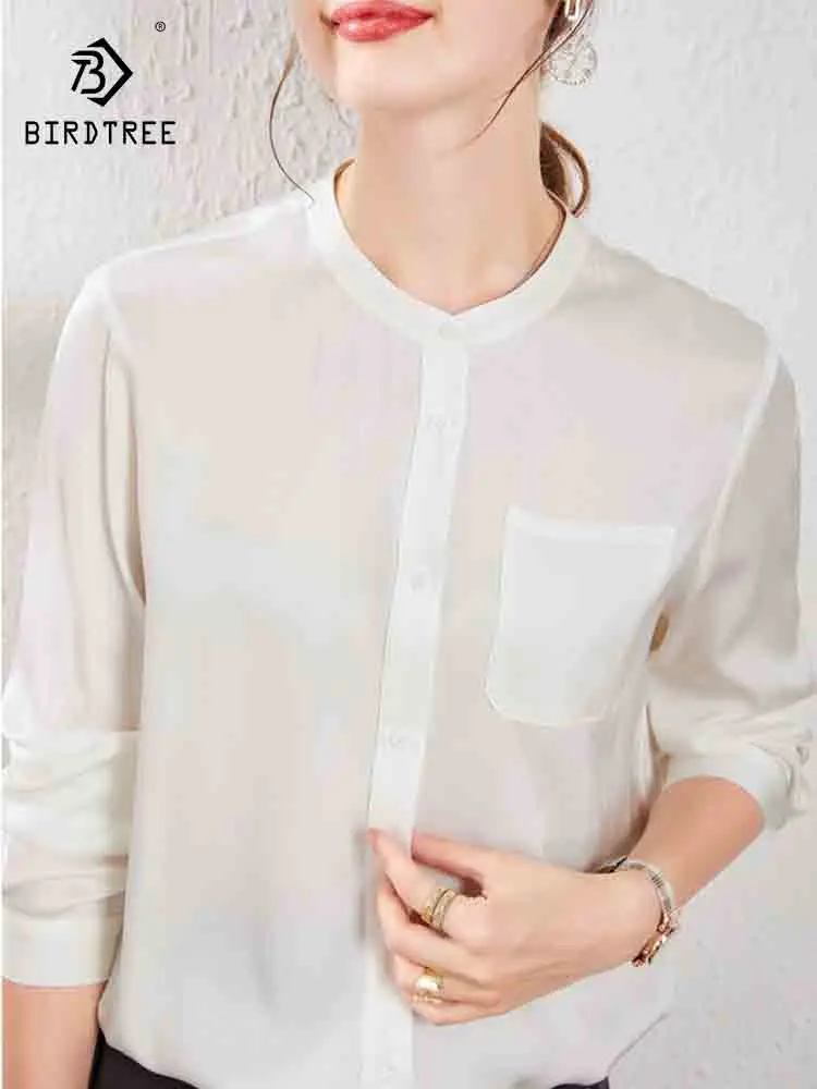 

Birdtree 92.1% Silk 7.9% Spandex Drawstring Shirt For Women Standing Collar Long Sleeved Office Lady Top Autumn New T39249QC