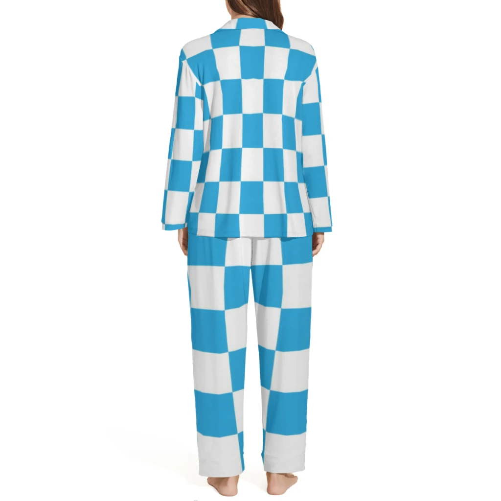 Blue Green Cool Color Checkerboard Lattice Series  Printed Sleepwear Set Long-Sleeve New Pajama Sets For Sleeping Winter