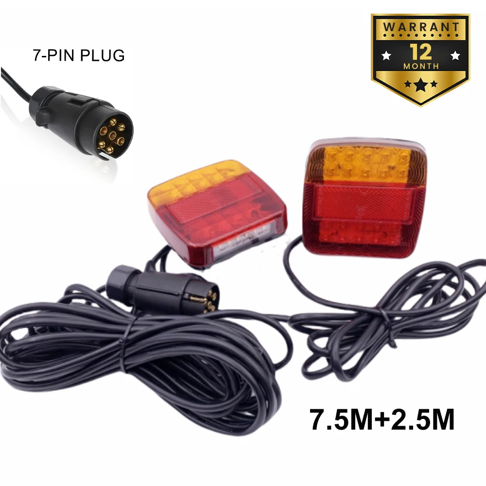 2 Piece 12V 20 LED 7 Pin Rear Towing Tail Light 7.5m+2.5m Trailer Universal Brake Stop Lamp License Number Plate Reflector