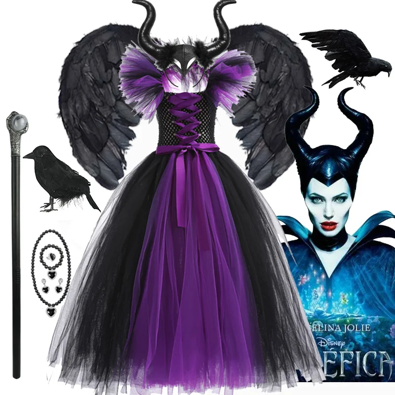 

Halloween Witch Dress Girl Cosplay Maleficent Evil Queen Costume Handmade Knitted Tulle Tutu Ruffle Floor Length Princess Outfit
