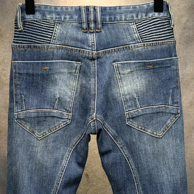 Street Fashion Men Jeans Retro Blue Elastic Stretch Skinny Fit Spliced Designer Biker Jeans Men Patched Hip Hop Denim Pants Men