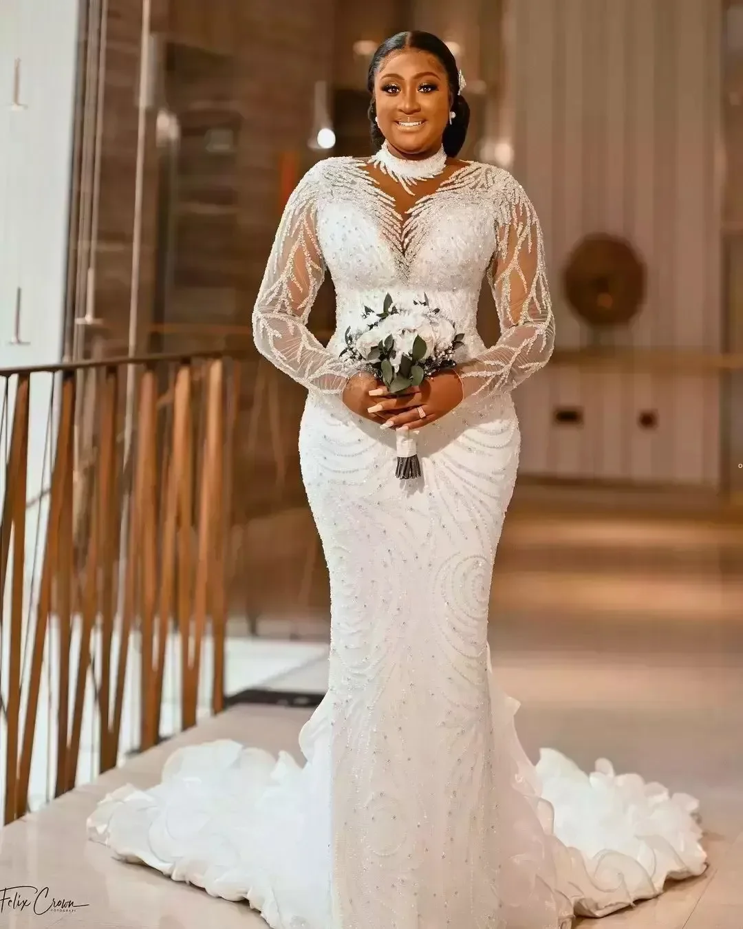 

2024 Plus Size Arabic Sheer Neck Mermaid Wedding Dress Sexy Long Sleeves Lace Beaded Bridal Gowns Vestidos De Novia Custom Made