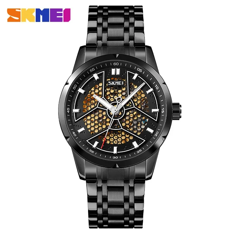 SKMEI Fashion Hollow out Automatic Mechanical Watch Honeycomb Mesh Pointer Men's Alloy Business Stainless Steel Watch