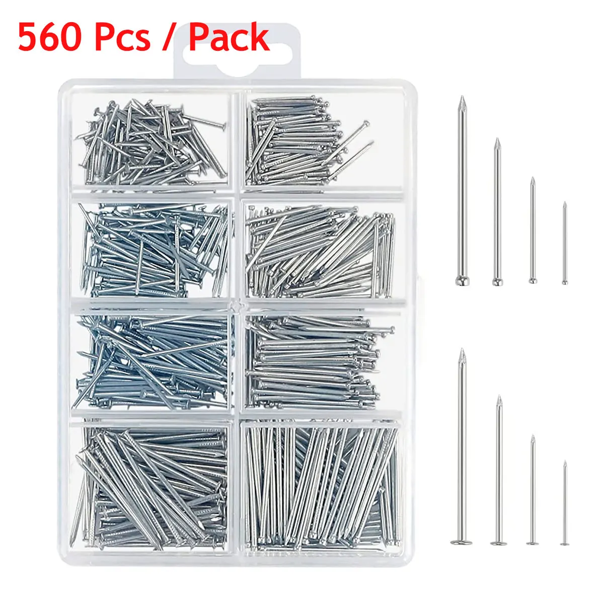 560PCs Small Nails for Hanging Pictures Assortment Kit, 280 Wall Nails & 280 Finishing Nails Wall Nails with Storage Box-8 Size