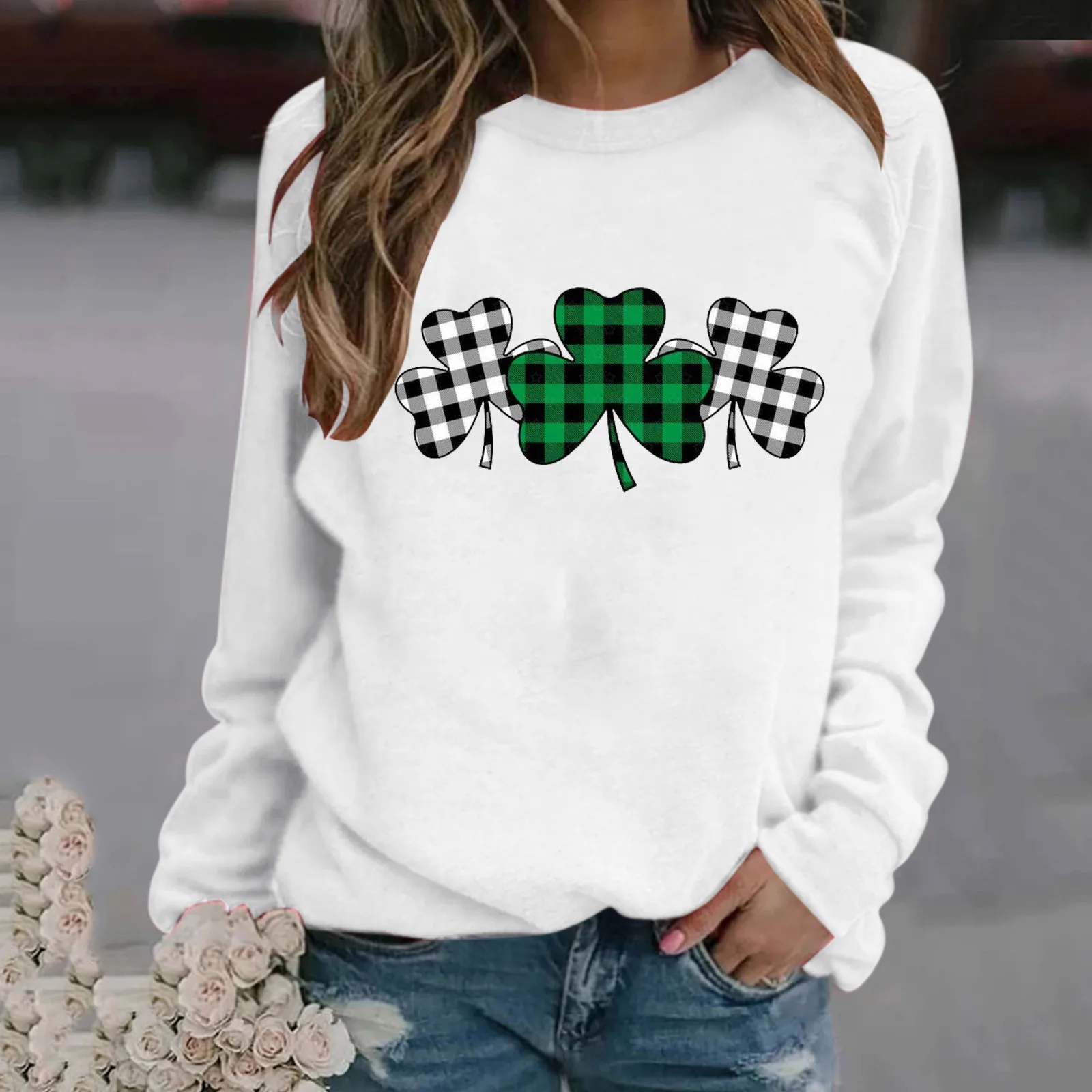 Solid Women's Hoodies White Sweatshirt Oversize Lucky Print Clover Hoody Fall Full Sleeve Pullover Top Loose T-Shirt 2023 SuéT handmade clover necklace 925 sterling silver four leaf clover pendant necklace women flower choker lucky jewellery mydiy