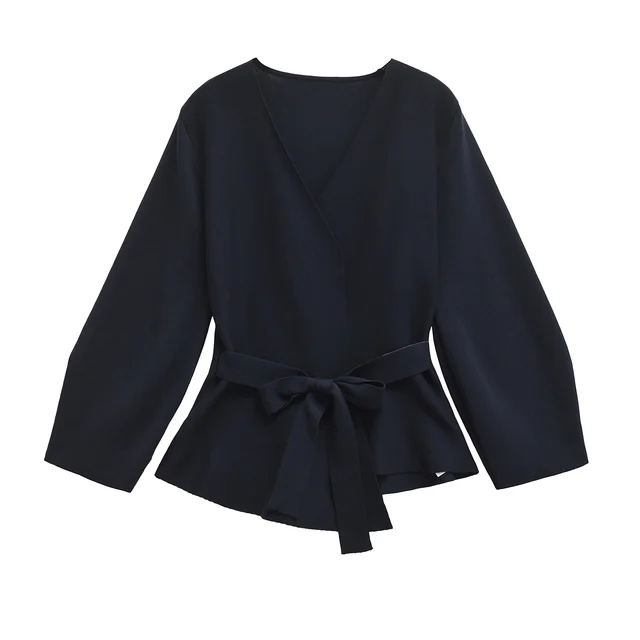 TRAFSHE Spring Women Shoulder Pad Belt Knit Blazer Women Retro V-neck Long Sleeve Versatile Female Coat Women Clothes 9598/128 2