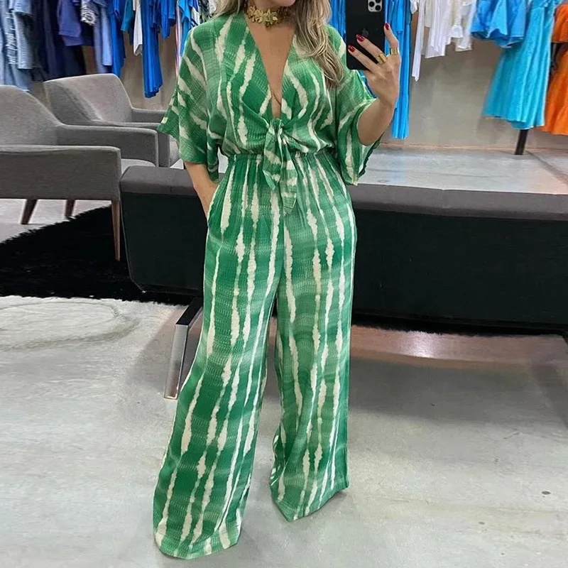 

Women Jumpsuit Dolman Sleeves V Neck Lace Up Nipped Waist Printing Loose Wide Legs Casual Pants Romper High Streetwear Summer