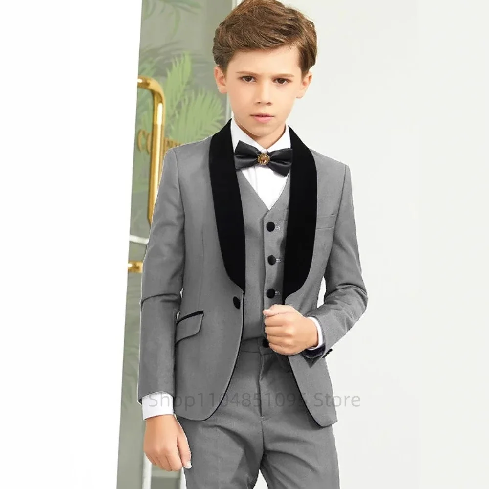 Blue Flower Boys Suits Dress Set Children Wedding Party Birthday Gift Elegant Gentleman Tuxedo Shawl Lapel Jacket+Vest+Pants