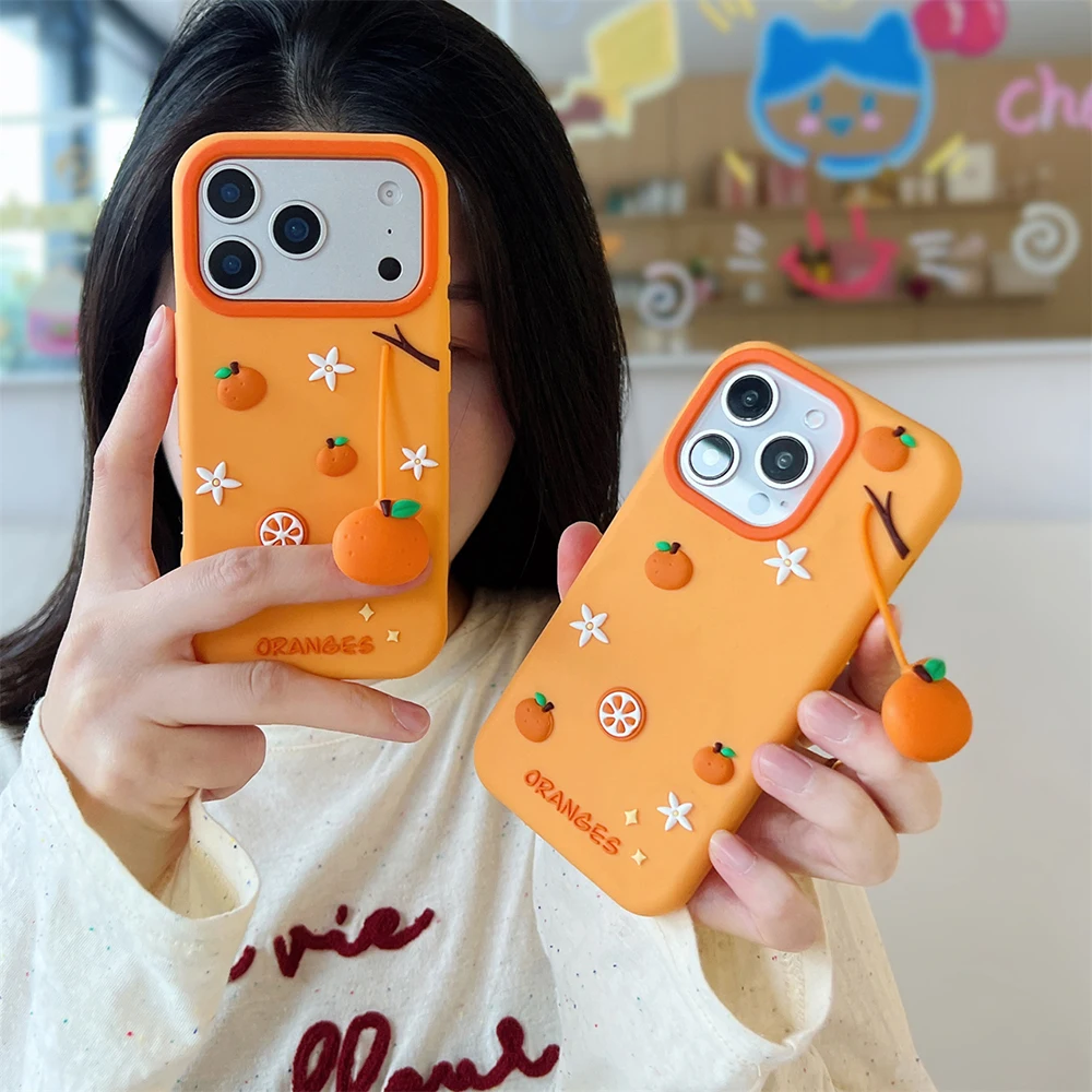 Cute 3D Orange Silicone Case with Pendant - Fun and Shockproof Cover