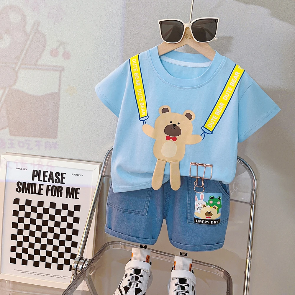 

Children Clothing Sets Summer Baby Girls Cartoon Short Sleeve T-shirt Denim Shorts Boys Sportswear Kids Outfits Infant Clothes